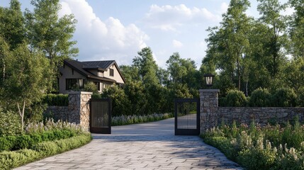 A suburban home with an anthracite fence, sliding gate, and a decorative slab driveway leading to the garage.