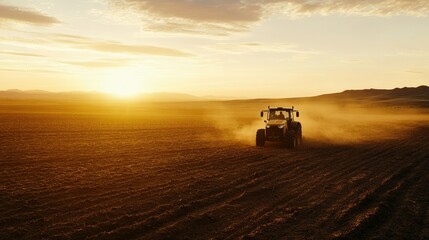 Fototapeta premium A tractor moving across a potato field at sunrise, plowing the last section of soil.