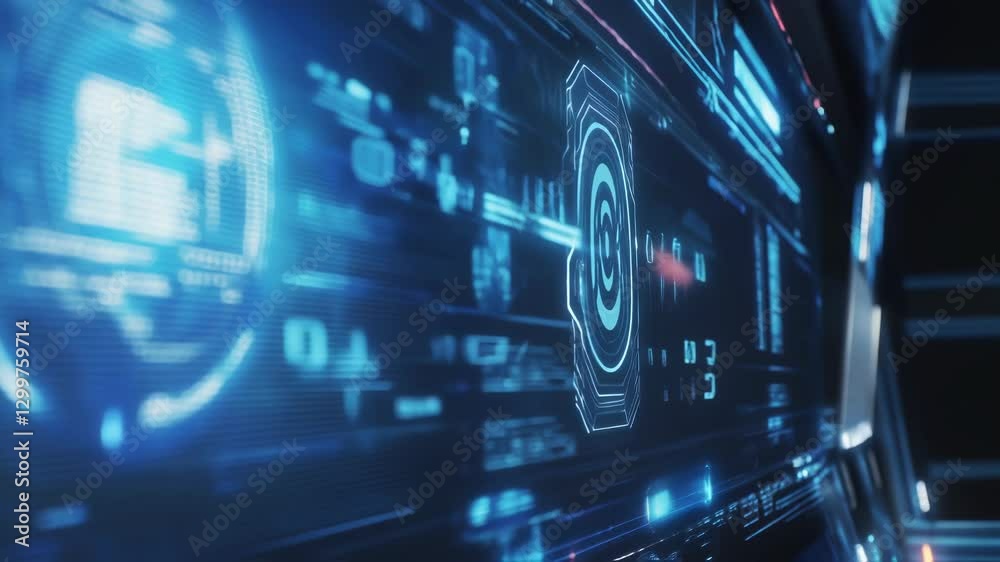 Poster complex data streams flow across a futuristic heads up display, visualizing information processing a