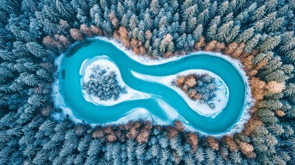 Aerial view of winter river, infinity shape, snowy forest