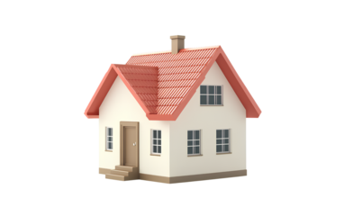 A simple house model with a red roof and white walls on the front, a simple design in an icon style, 3D rendering, isolated on transparent background PNG