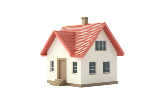 A simple house model with a red roof and white walls on the front, a simple design in an icon style, 3D rendering, isolated on transparent background PNG