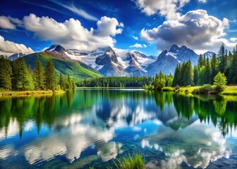 Fototapeta premium Serene Mountain Lake - Snow-Capped Peaks, Fluffy Clouds