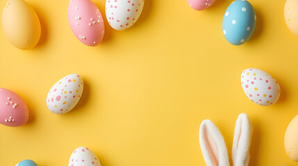 Easter party concept pastel yellow background with copy space in the middle.