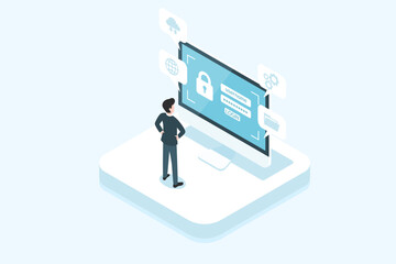 Account login, username and password on computer screen, Sign in to account, isometric concept, flat design.