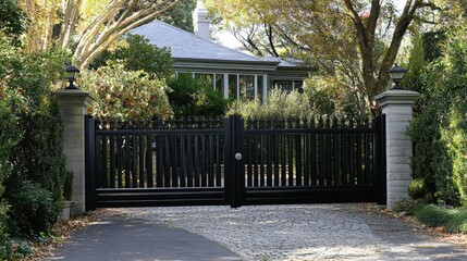 Obraz premium Dark-colored anthracite fence with a motorized sliding gate and a decorative slab-paved driveway leading to the garage.