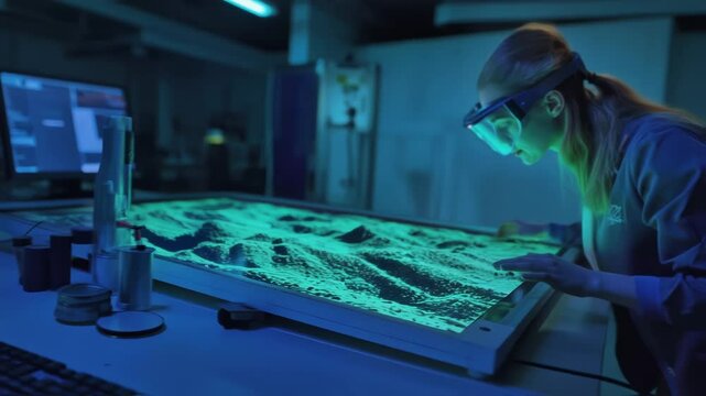 Female scientist manipulating digital terrain in dark high tech laboratory, demonstrating innovative scientific research through interactive sandbox technology
