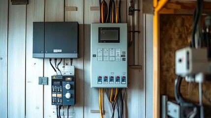 Home energy setup with a mounted solar inverter, utility meter, and conduit wiring running up the wall.