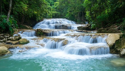 A Beautiful Cascade Waterfall Flows Amongst Lush Green Trees