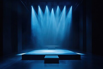 Empty Stage with Blue Spotlights and Dark Background