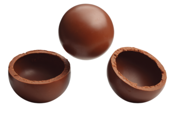 chocolate easter egg halves and whole on white background