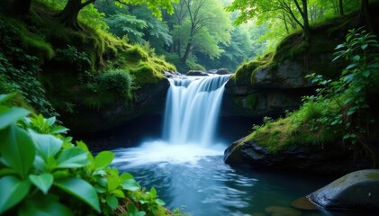 gentle waterfall trickles through the underbrush, blue, forest