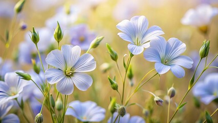 Delicate Pale Blue Flax Flowers in a Summer Meadow, Bathed in Golden Sunlight, Displaying Their Gentle Petals and Vibrant Hues