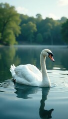 Obraz premium Gentle swans glide effortlessly across the serene lake surface, water, tranquil
