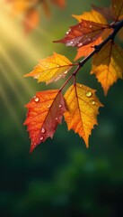 Fototapeta premium Gentle morning rain falling on a leafy branch, autumn, glistening