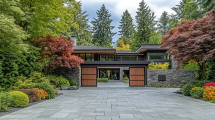 Fototapeta premium Wide view of a modern house entrance with a solid anthracite panel fence, sliding gate, and a large stone slab driveway.