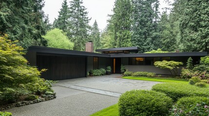 Wide view of a modern house entrance with a solid anthracite panel fence, sliding gate, and a large stone slab driveway.