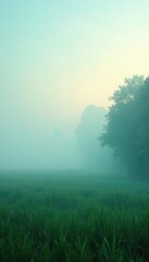 Gentle misty morning with gradient colors of blue and green, peaceful, soft, gradient
