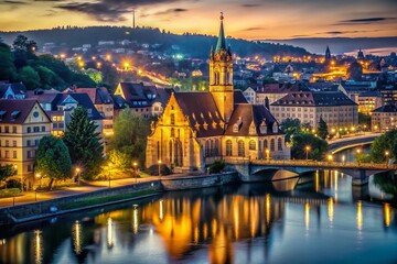 Fototapeta premium Vintage Stuttgart Night: Church, Cityscape, and River Reflections
