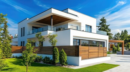 Wide-angle shot of a modern white home with a wooden-style fence, green trees, and a stylish landscape design.