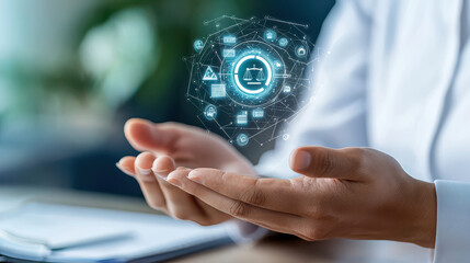 high tech legal AI system floats above professional hands, symbolizing innovation legal field. digital interface displays various icons related to law and technology, highlighting integration of
