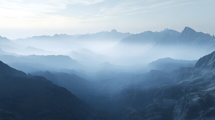 Fototapeta premium A high mountain pass shrouded in early mist with rugged terrain in crisp detail