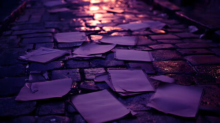 Obraz premium papers in shades of purple, gray, and black scattered on a gothic cobblestone pathway under dim streetlights 