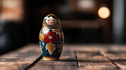 a matryoshka doll on wooden surface.