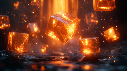 A Surreal Vision of Floating, Illuminated Cubes in a Volcanic Landscape