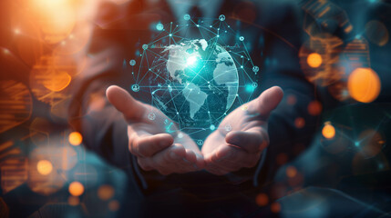 Businessman holding a glowing digital Earth with a futuristic cyber network background