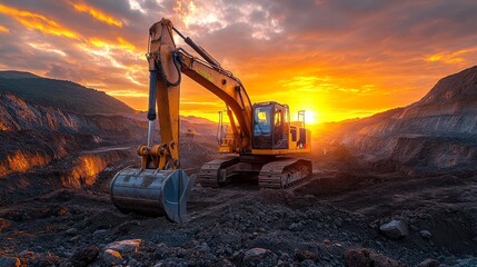 Excavator working in an open-pit mine at sunset.