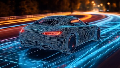 Obraz premium Car wireframe speeding on road at night