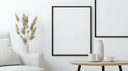 Minimalist Interior Design With Blank Picture Frames Plants Tableware And Modern Furniture