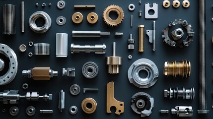 Mechanical Parts Arrangement: A meticulous arrangement of mechanical parts, highlighting design precision and the intricate engineering involved in manufacturing and assembly.