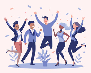 Business Team Success with Diverse Team Jumping for Joy and Festive Tinsel – Vector Illustration