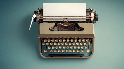 an old typewriter with paper on a blue background.