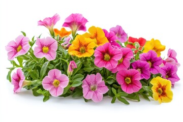 A bright and crisp image of the calibrachoa flower plant (Million Bells), isolated on a white background, highlighting the floral beauty and variety of colors.