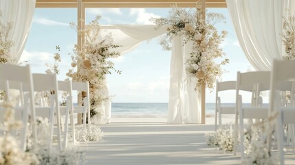 wedding ceremony setup on a beach with floral decorations and seating.