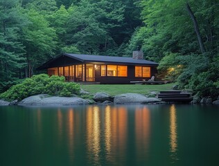 Obraz premium Lakeside Cabin at Dusk