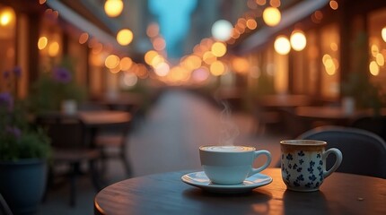 A Cup of Coffee on The Table against Night Street.