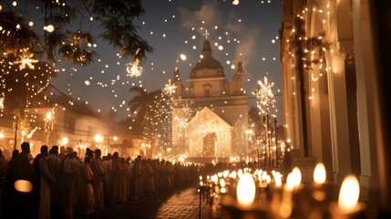 a group of people walking in a procession past a temple during a religious festival.