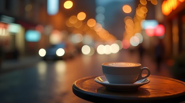 A Cup of Coffee on The Table against Night Street.