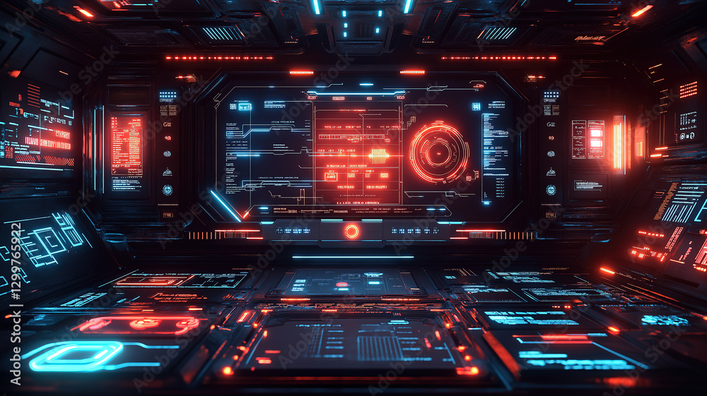 Poster technology interface design with neon patterns and glowing highlights, adding a futuristic