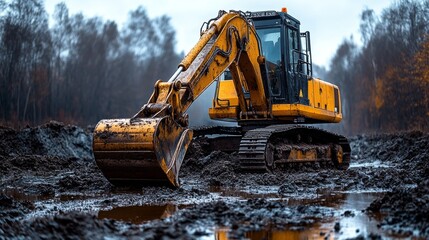 Yellow excavator digging in muddy construction site.