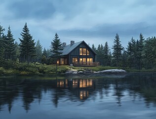 Obraz premium Lakeside Cabin at Dusk