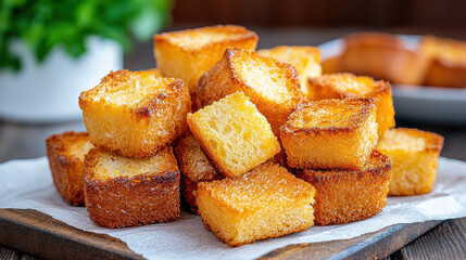 Freshly baked croutons are scattered on parchment paper, showcasing their golden, crispy texture. These delicious bread cubes are perfect for adding crunch to salads or soups