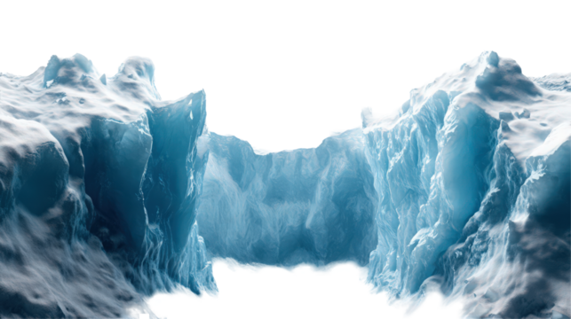 Abstract icy landscape with rugged terrain and a central passage for exploration