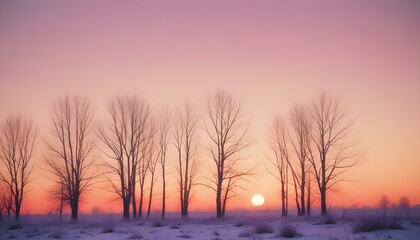 Fototapeta premium winter, landscape, snow, trees, pine, sunset, twilight, serene, tranquil, forest, pastel, gradient, sky, moon, soft, calm, peaceful, scenic, nature, atmospheric, elegant, artistic, minimalist, aesthet