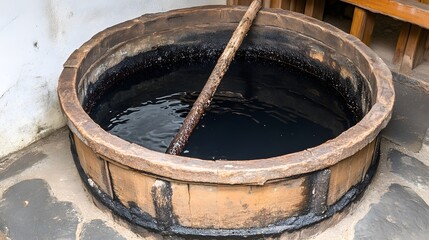 Ancient Wooden Barrel with Dark Water, Rustic Well, Old Wooden Tub, Vintage Dyeing Vat