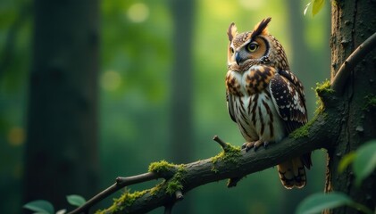 Fragmented tree branches wrap around an owl's body, twig, forest
